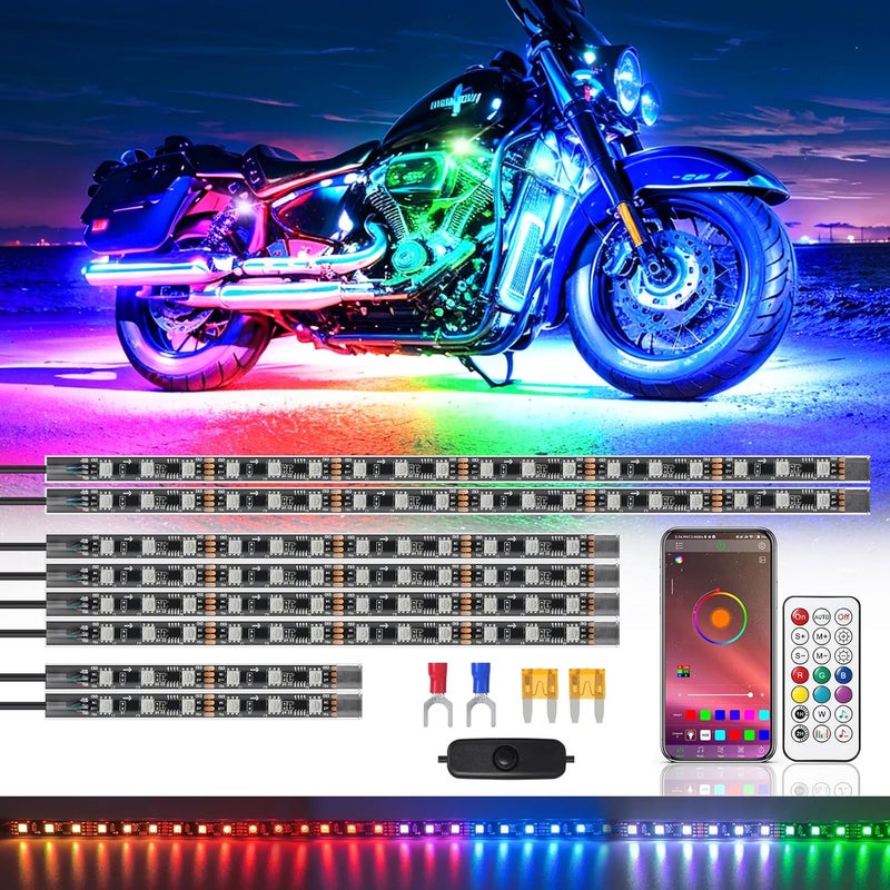 ZONECONA 8PCS Chasing Dreamcolor Motorcycle LED Lights Kit with/APP/RF Remote Brake Turn Signal,RGB+IC Motorcycle underglow LED Strip Lights 12v Waterproof Music Mode Multicolor for Harley Honda Yamaha - Image 1